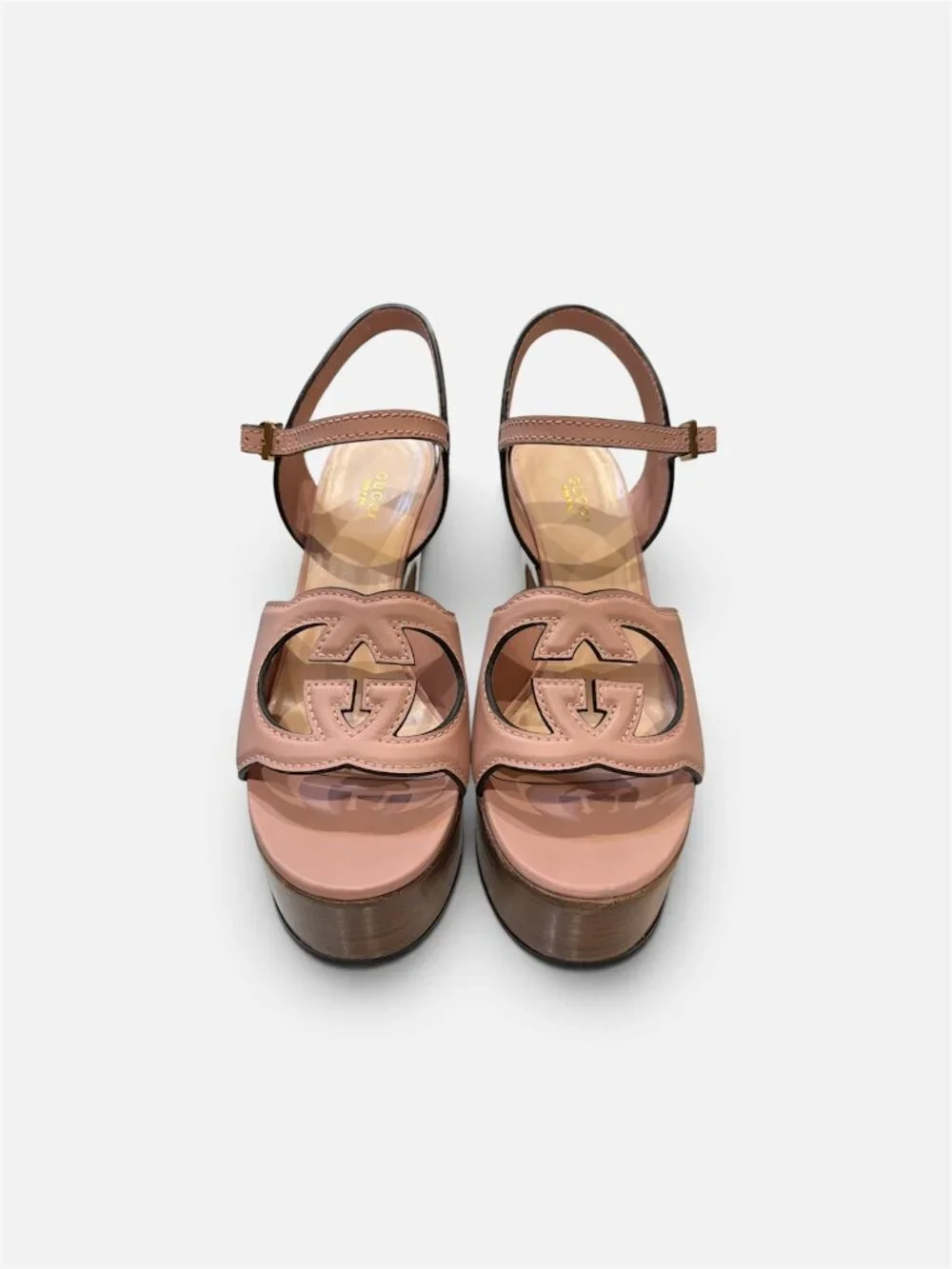 Gucci Cutout Interlocking GG Monogram Leather Platform Heels Sandals Shoes  39.5